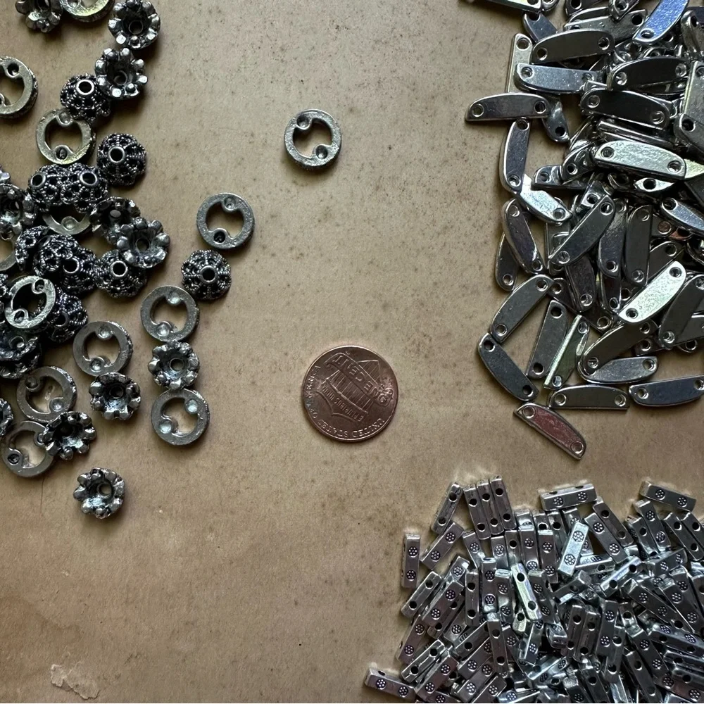 NOS lot of silver tone jewelry making findings: tila beads, caps et al. 9oz